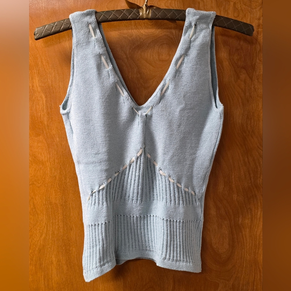 Bette Paige Pale Turquoise Pointelle Knit/Sequin Sweater Tank S